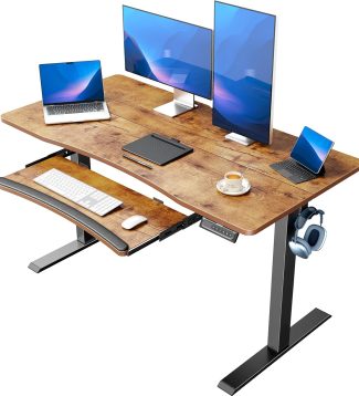 Electric Standing Desk with Large Keyboard Tray(26.7"), Adjustable Height Stand Up Desk for Home Office, 4 Memory Height Settings, 2 Headphone Hooks, Computer Workstation 48" x 24", Vintage