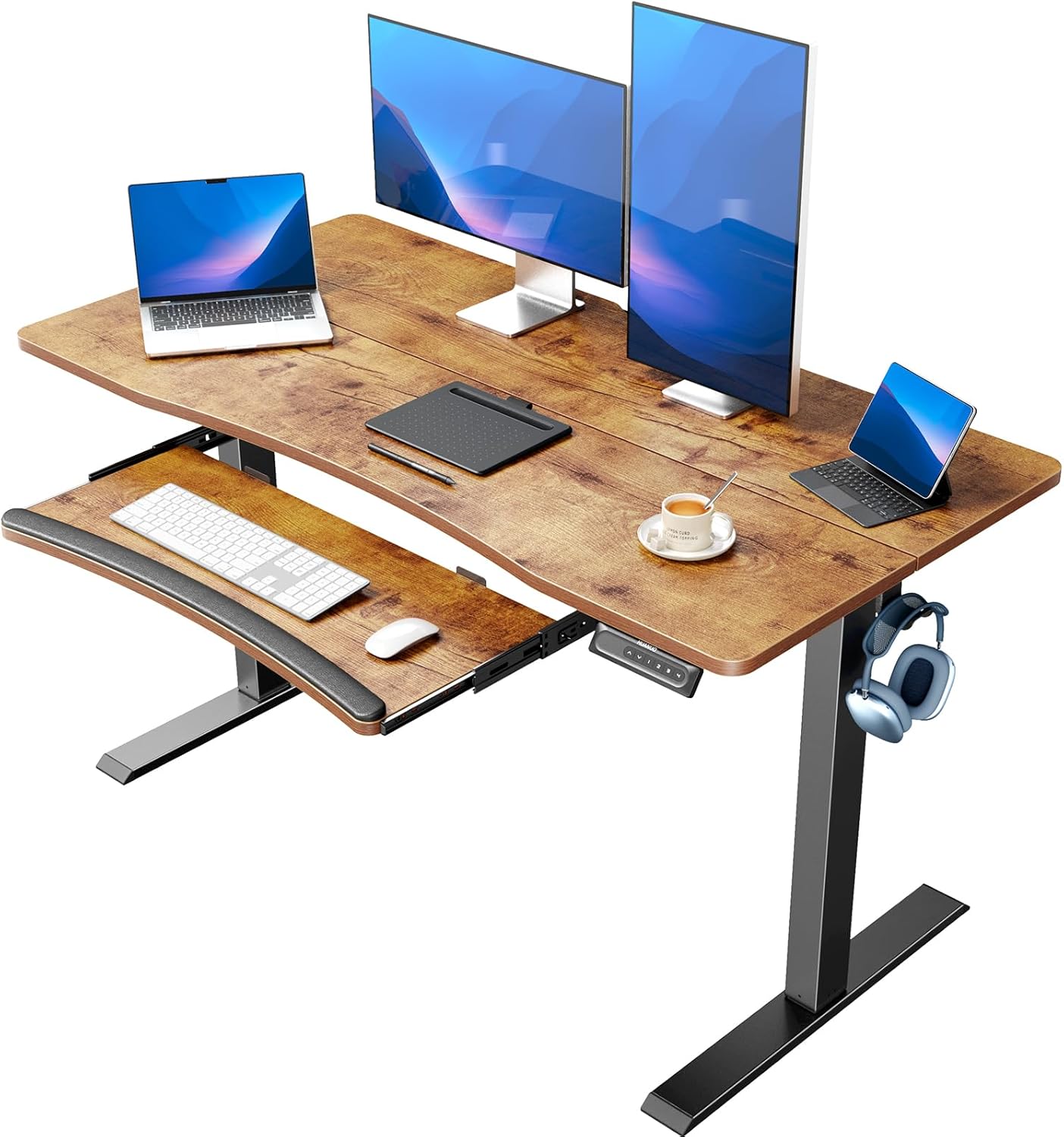 Electric Standing Desk with Large Keyboard Tray(26.7"), Adjustable Height Stand Up Desk for Home Office, 4 Memory Height Settings, 2 Headphone Hooks, Computer Workstation 48" x 24", Vintage