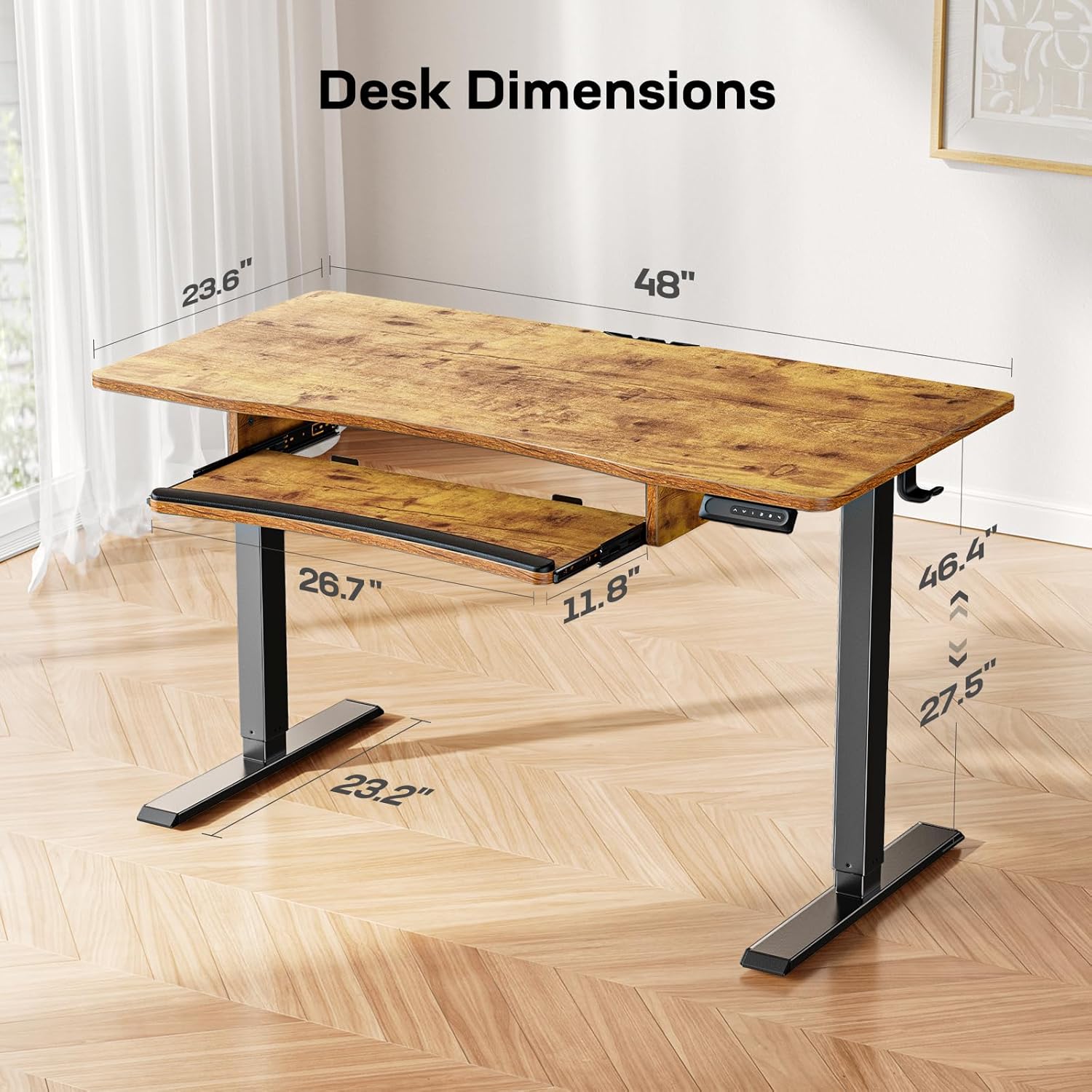 Electric Standing Desk with Large Keyboard Tray(26.7"), Adjustable Height Stand Up Desk for Home Office, 4 Memory Height Settings, 2 Headphone Hooks, Computer Workstation 48" x 24", Vintage - Image 7