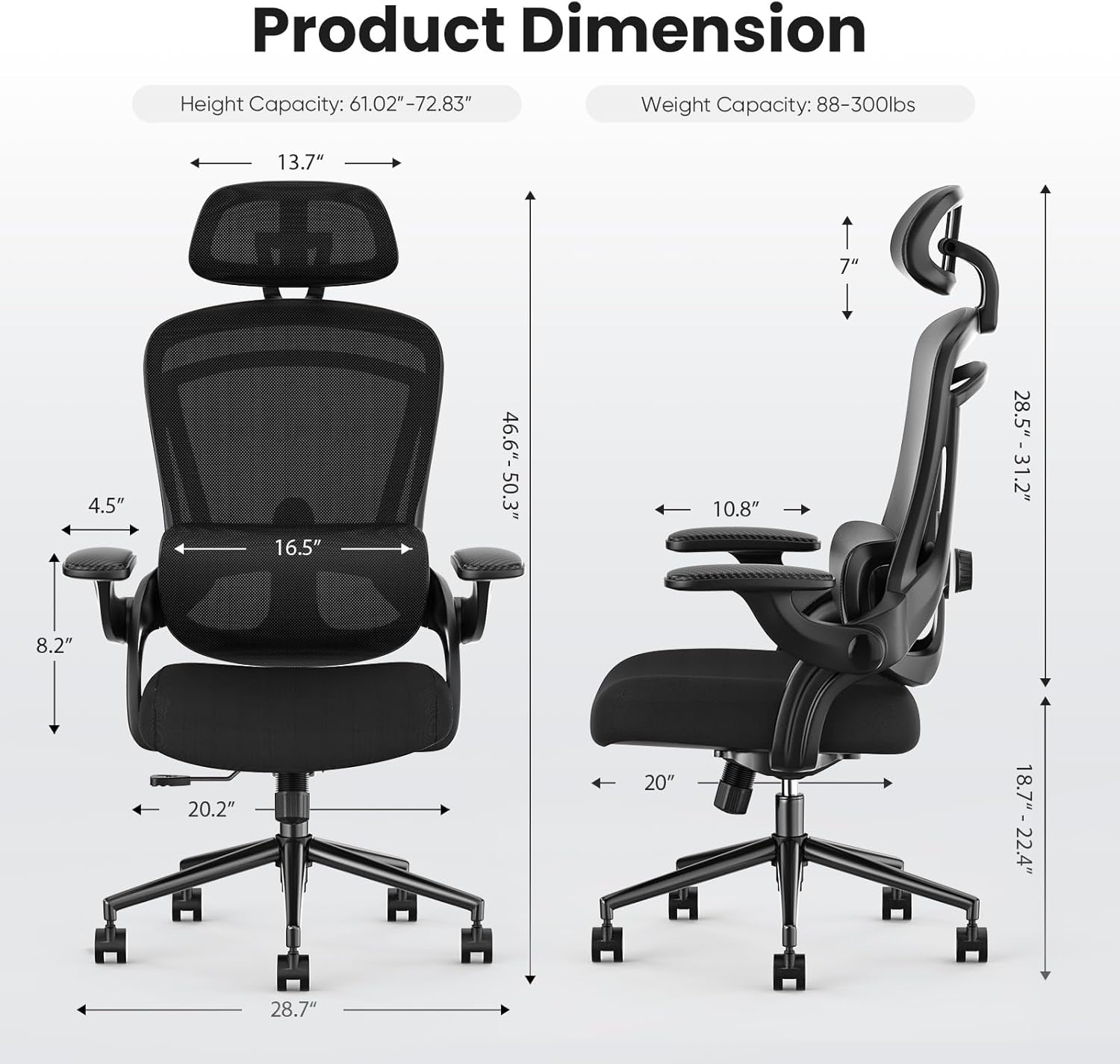 Sweetcrispy Ergonomic Mesh Office Chair, High Back with 2D Headrest, Up&Down Lumbar Support, Swivel Computer Task Desk Chairs with Adjustable Flip-up Armrests, Black - Image 3