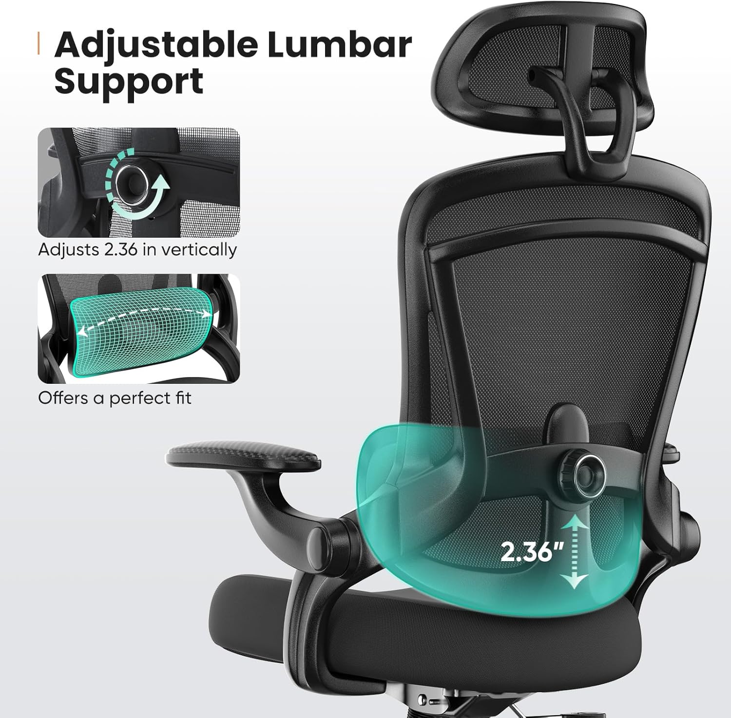 Sweetcrispy Ergonomic Mesh Office Chair, High Back with 2D Headrest, Up&Down Lumbar Support, Swivel Computer Task Desk Chairs with Adjustable Flip-up Armrests, Black - Image 4