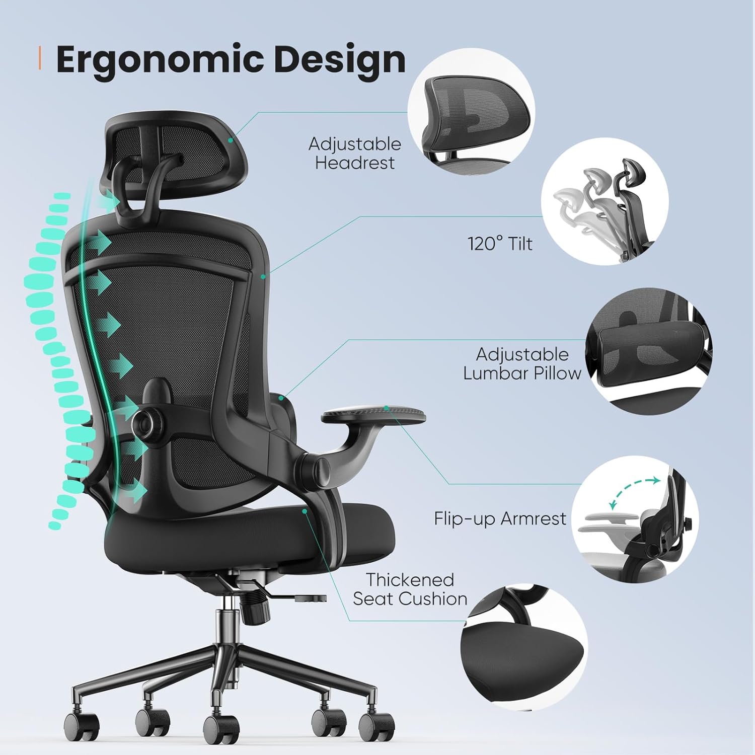 Sweetcrispy Ergonomic Mesh Office Chair, High Back with 2D Headrest, Up&Down Lumbar Support, Swivel Computer Task Desk Chairs with Adjustable Flip-up Armrests, Black - Image 6